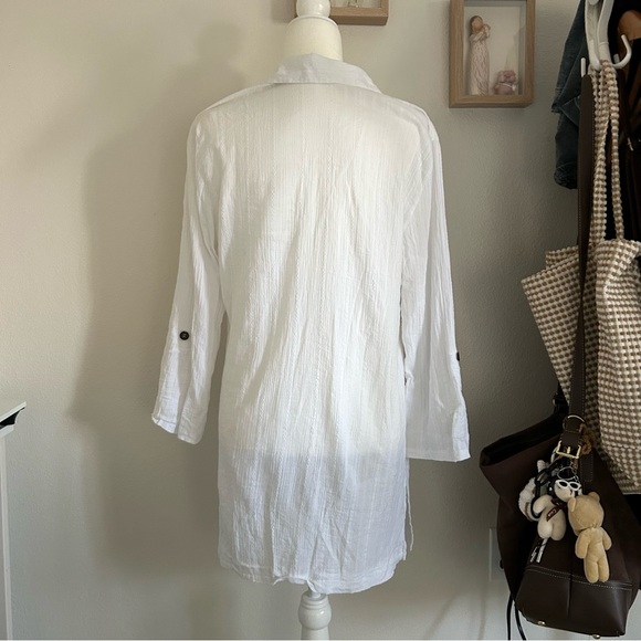 Ellen Weaver Bathing Suit Coverup in Sheer White Black Buttons Summer Vacation - Picture 4 of 6